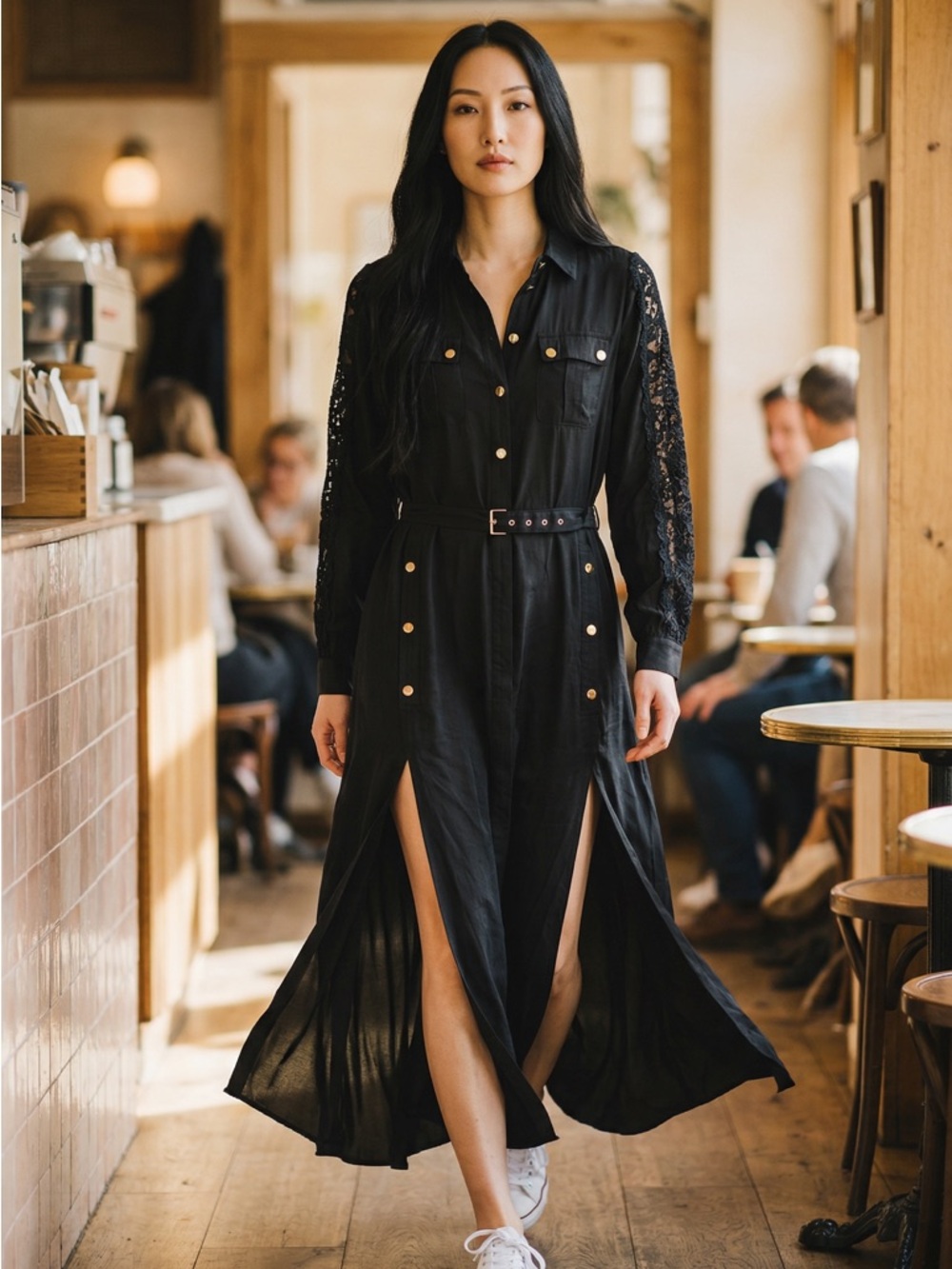 Asilio Black Long-Sleeve Lace-Inset Maxi Shirt Dress with Belt